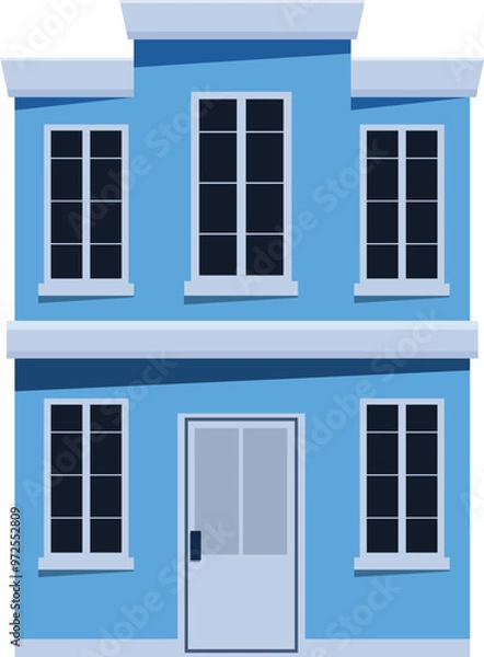 Fototapeta Simple vector illustration of an urban building facade, with two floors, a white door, and blue walls