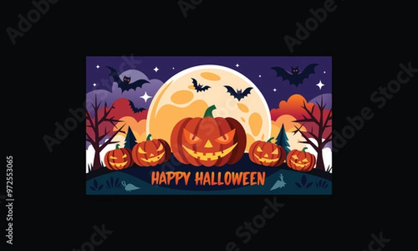 Obraz Vector Halloween Scene with Large Full Moon.
