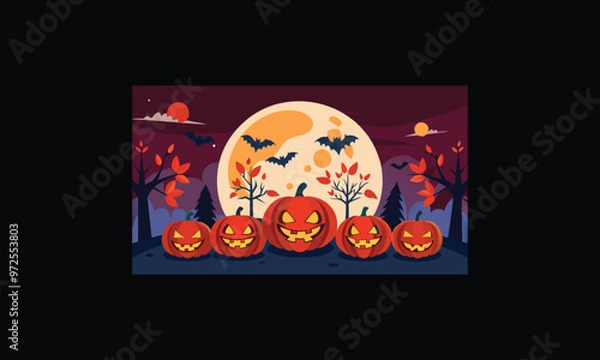 Obraz Vector Halloween Scene with Large Full Moon.