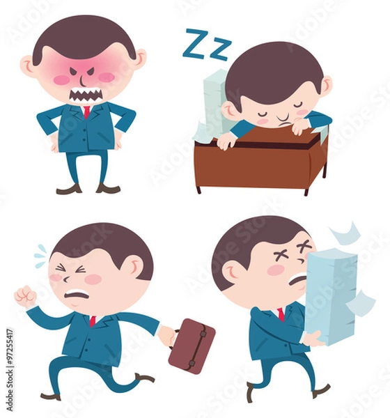 Fototapeta cartoon lazy, late for work, angry and overwork business man isolated on white background