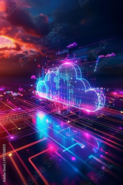 Fototapeta Glowing Cloud Computing Concept, Neon Lines, World Map Cybersecurity, Network, Data Storage