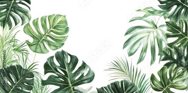 Fototapeta Tropical green leaves as a frame with empty space in the middle. White background. Greeting card or invitation template design.