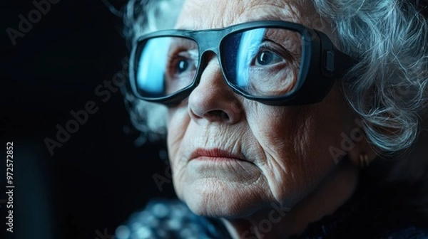 Obraz Close-up portrait of an elderly woman with short gray hair, wearing glasses and looking up with a thoughtful expression.