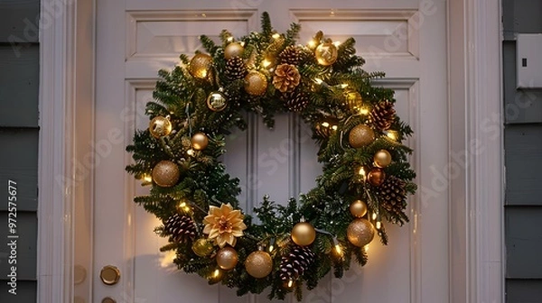 Fototapeta Illuminated Christmas Wreath with Gold Ornaments on White Door - Generative AI