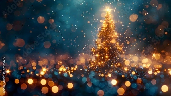 Fototapeta Illuminated Christmas Tree with Golden Bokeh Lights in Snow - Generative AI