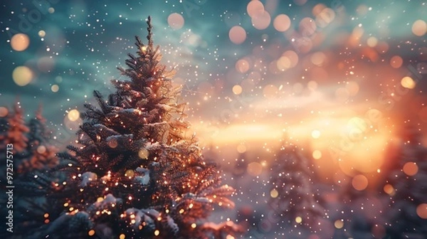 Fototapeta Snow-Covered Christmas Tree with Bokeh Lights at Sunset - Generative AI