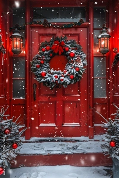 Fototapeta Festive Red Door Decorated with Christmas Wreath in Snow - Generative AI
