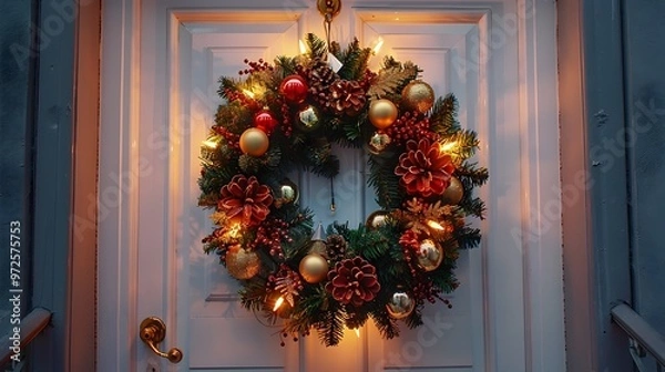 Fototapeta Illuminated Christmas Wreath with Ornaments on White Door - Generative AI