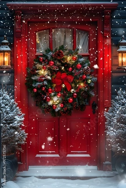 Fototapeta Snow-Covered Red Door with Christmas Wreath and Lanterns - Generative AI