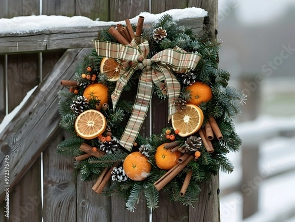 Fototapeta Festive Christmas Wreath with Oranges and Cinnamon on Wooden Fence - Generative AI