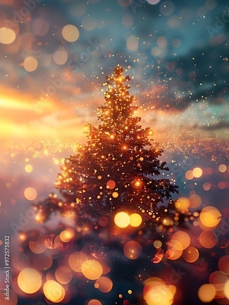 Fototapeta Beautifully Lit Christmas Tree at Sunset with Bokeh Lights - Generative AI