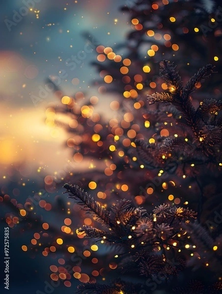 Fototapeta Christmas Tree Branches with Warm Bokeh Lights at Dusk - Generative AI