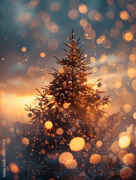 Fototapeta Glowing Christmas Tree with Bokeh Lights at Sunset - Generative AI