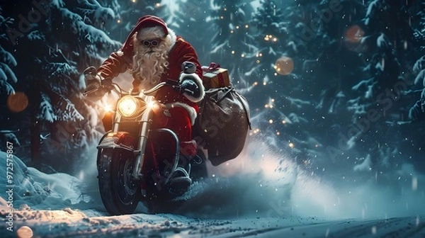Fototapeta Santa Claus Riding a Motorcycle Through a Snowy Forest at Night - Generative AI