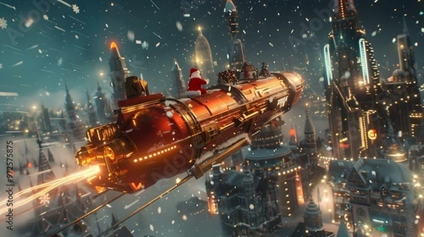 Fototapeta Santa Flying a Futuristic Sleigh Over a Snowy City - Generative AI