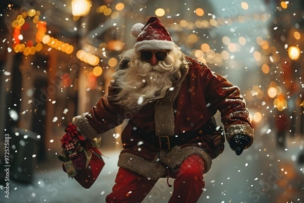 Fototapeta Santa Claus Running Through Snowy Streets with Gifts - Generative AI