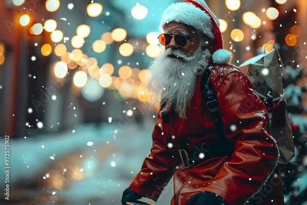 Fototapeta Santa Claus in Sunglasses Strolling Through Snowy Festive Streets - Generative AI