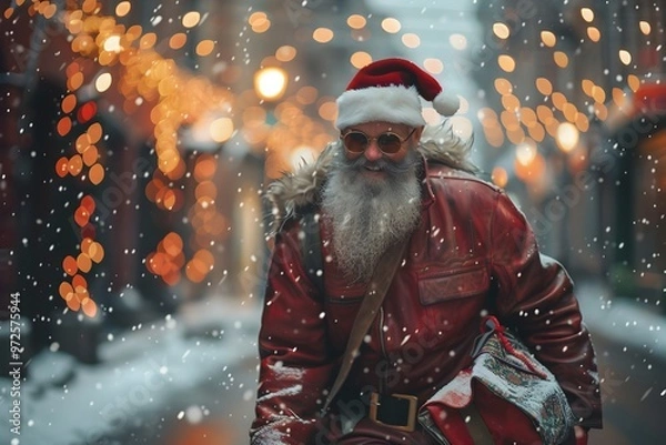 Fototapeta Santa Claus in Sunglasses Walking Through Snowy Festive Street - Generative AI