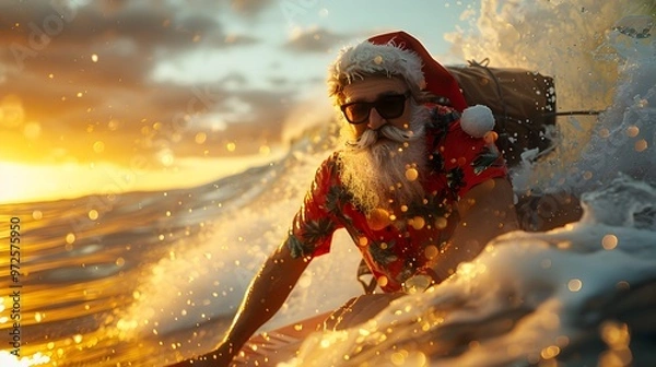 Fototapeta Santa Claus Surfing Through Sunset Waves with Sack of Gifts - Generative AI
