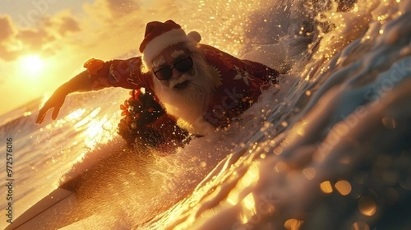 Fototapeta Santa Claus Surfing at Sunset with Presents - Generative AI