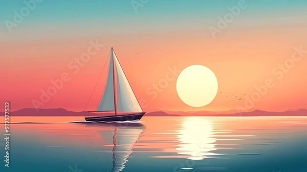 Fototapeta A sailboat glides across the water at sunset with a large, glowing sun in the distance.