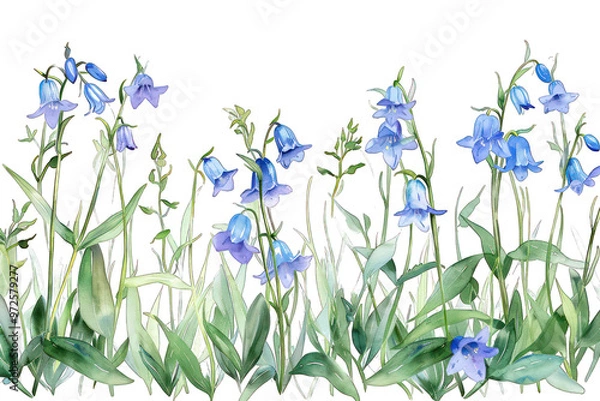 Obraz Watercolor Field of Bluebells and Green Leaves on Transparent Background PNG