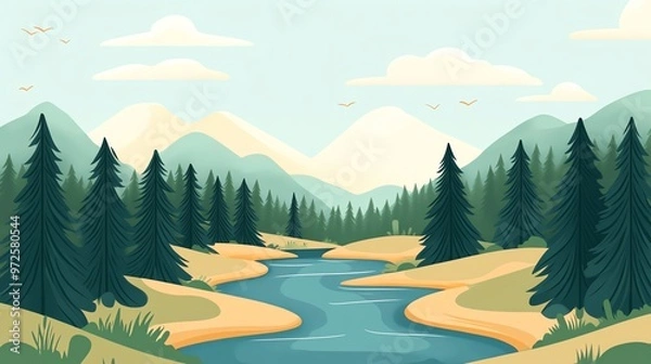Fototapeta A peaceful cartoon landscape with a river flowing through a forest.