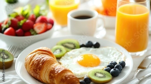 Fototapeta Delicious Breakfast with Fried Egg, Croissant, Kiwi and Blueberries