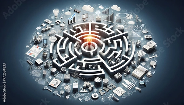 Fototapeta a three-dimensional maze with a light bulb at the center, symbolizing an idea or solution. Surrounding the maze are various elements such as gears, graphs, pencils, clocks, and coins, representing dif