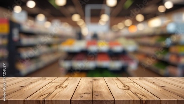 Fototapeta Wooden Tabletop in Front of Blurred Supermarket Aisle - Retail Store Shelf Background with blur background 
