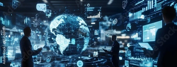 Obraz A digital globe with global business icons and figures, representing the international reach of corporate law services.