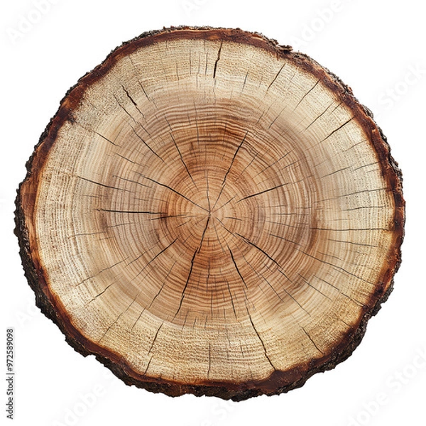 Obraz Top view of a tree stump slice isolated on transparent background. Crosscut of a beautiful wood grain. Closeup of wooden surface texture.