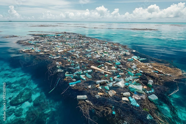 Fototapeta A vast expanse of the ocean is covered with a thick layer of floating debris, including plastic bottles, discarded fishing nets, and other waste. Plastic waste in the ocean sea