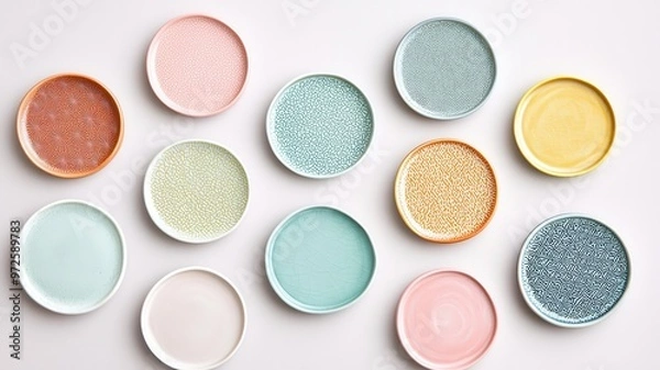 Obraz A set of colorful ceramic coasters arranged on a light solid color background, showcasing intricate patterns and textures