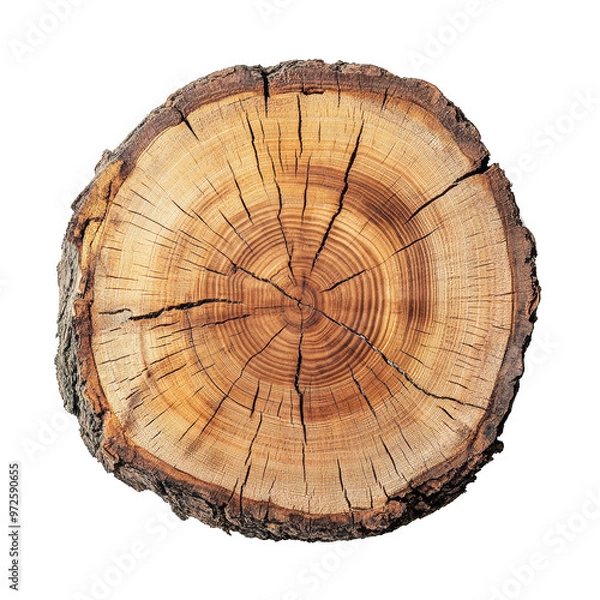 Obraz Top view of a tree stump slice isolated on transparent background. Crosscut of a beautiful wood grain. Closeup of wooden surface texture.