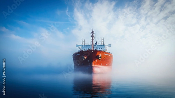 Obraz Cargo Ship Emerging Through Fog at Sea