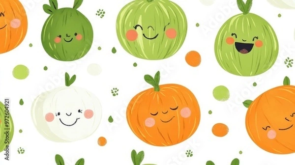 Fototapeta Seamless Design of Cute Green and Orange Cartoon Characters with Happy Expressions on White Background