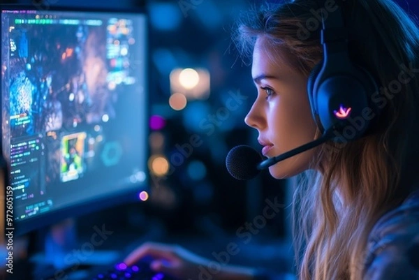 Fototapeta Young woman engaged in competitive gaming at night, illuminated by the colorful glow of her computer screens