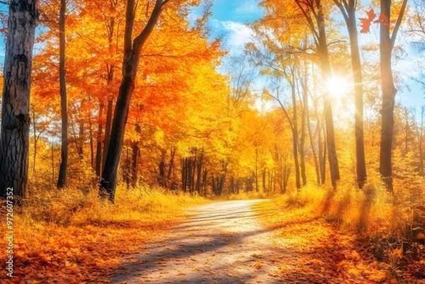 Fototapeta Sunlit pathway through vibrant autumn trees