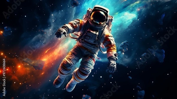 Fototapeta Astronaut floating in vibrant space with cosmic elements.