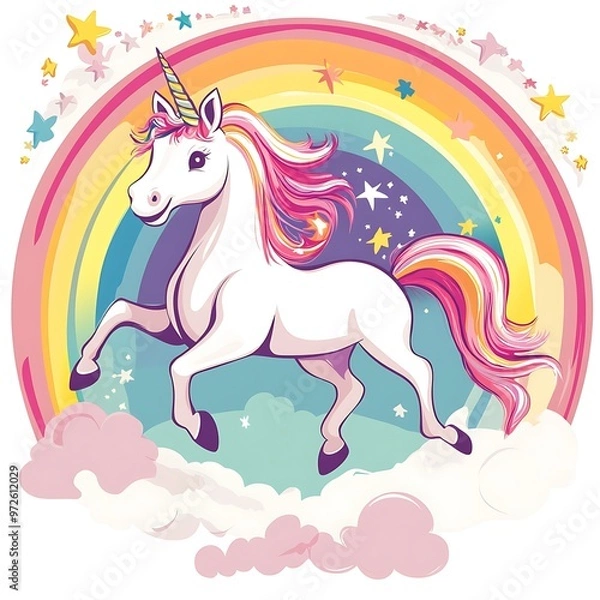 Fototapeta White unicorn with pink and yellow mane and tail jumping over a rainbow with stars