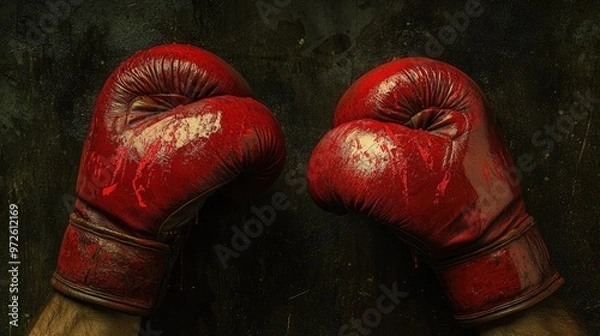 Fototapeta Two boxing gloves marked with red paint, set against a dark background, representing the intensity of a fierce match.