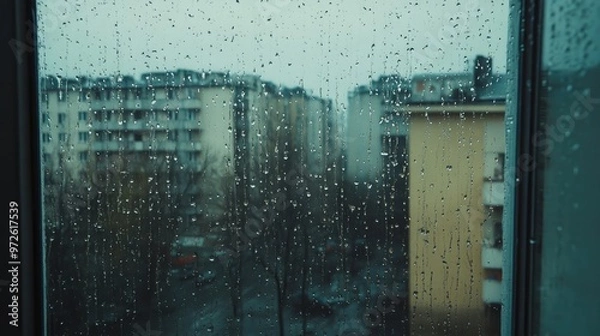 Fototapeta Rain Drops on Glass Window, Showcasing a Moody Rainy Day Scene