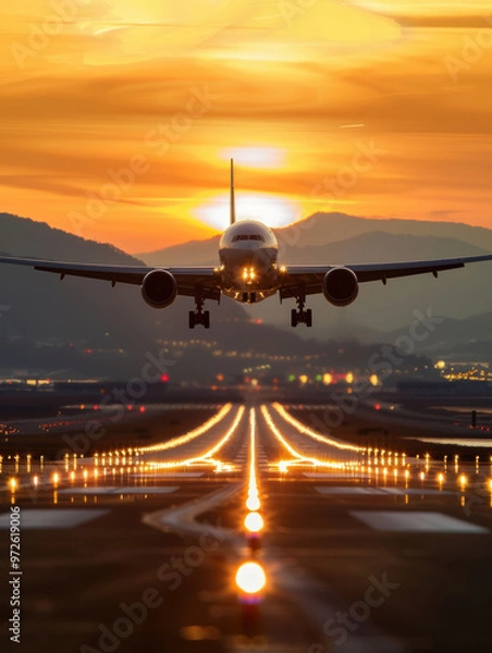 Fototapeta  airplane taking off from the runway, sunset in background. AI generative.