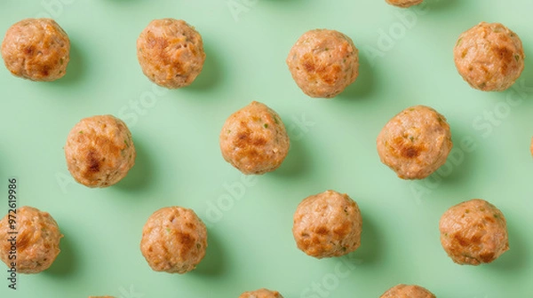 Fototapeta Small meatballs on a light background. Texture for background, wallpaper, poster, banner, card. View from above.