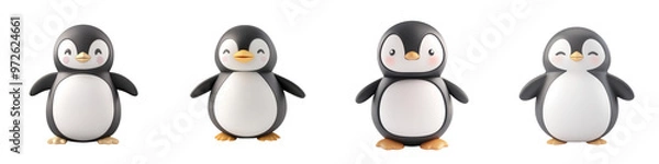 Fototapeta Four cute cartoon penguins in various poses, perfect for winter-themed designs and children's illustrations.
