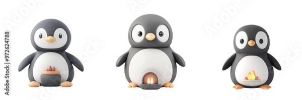 Fototapeta Group of cute, stylized penguins with playful expressions and fun designs, perfect for children's projects and winter themes.