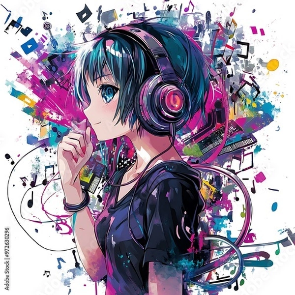 Obraz Anime Girl with Headphones and Colorful Music Notes