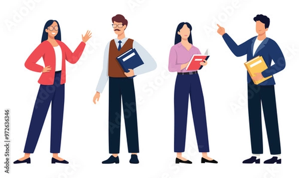 Obraz Teacher collection concept. Male and female characters explain classes isolated on white background. Vector illustration.