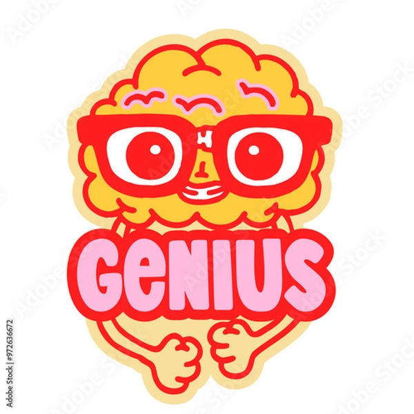 Obraz Brain character with glasses. Smart brain wearing spectacles, intelligence and education concept, nerdy brain mascot, vector illustration.